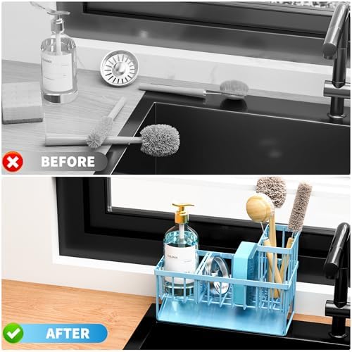 Cisily Blue Kitchen Sink Caddy Organzier with High Brush Holder, Sponge Holder for Sink, 304 Rustproof Stainless, Kitchen Countertop Soap Dispenser Organizer, Blue Home Decor and Accessories - Image 6