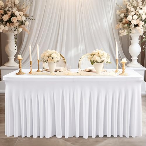 Wish Care 8 Pack White Spandex Table Clothes for 6 Foot Rectangle Tables, 6FT Wrinkle Free Fitted Tablecloths Ruffles Design Table Cloth for Party, Banquet, Wedding and Events - Image 5