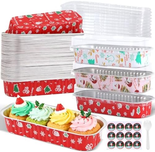 50Pack Mixcolor Christmas Mini Cake Pans with Lids and Spoons Mini Loaf Pans with Lids, 6.8Oz Aluminum Foil Pans Tins, Individual Dessert Cups Containers for Sales,Party,Picnics by ylnurac