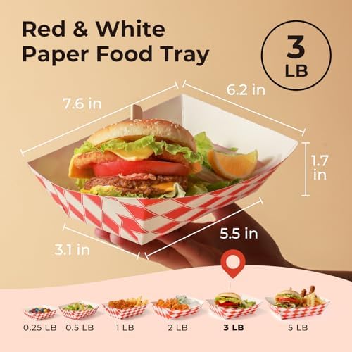 Fit Meal Prep 500 Pack 3 lb Paper Food Boats Heavy Duty Disposable Trays, Red Check For Parties Fairs Picnics Carnivals, Holds Ketchup Cheese Sauce Pickles Grease Resistant - Image 2