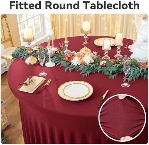 leegleri 8 Pack Burgundy 60inch Spandex Round Tablecloths, Stretchy 120inch Fitted 5FT Round Table Cloths, Wrinkle Free Table Cover with Skirt for Wedding Party Dining Banquet - Image 2