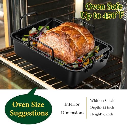 E-far Roasting Pan with Racks, Small Stainless Steel Turkey Roaster with V-Shaped & Cooling Rack for Oven, 14 Inch Nonstick Deep Broiler Pan with Handles for Baking Chicken Lasagna Meat, Heavy Duty - Image 4