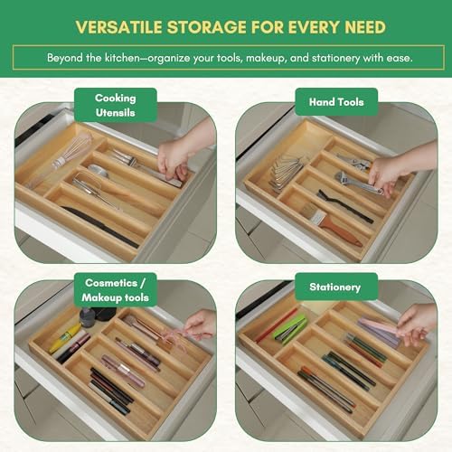 Rubber Wood Silverware Organizer for Drawer - [15"L x 11"W x 2"H] Utensil Tray, 5 Compartment Flatware Holder, Multi-Purpose Kitchen Drawer Organizer for Utensils, Stationery & Hand Tools - Image 5