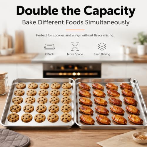Stainless Steel Baking Sheet, 17.5" x 13" Cookie Sheet Set, 2-Pack | Large Half Sheet Pans for Baking Roasting Cooking, Heavy Duty & Non-Toxic, Easy Clean & Dishwasher Safe - Image 3