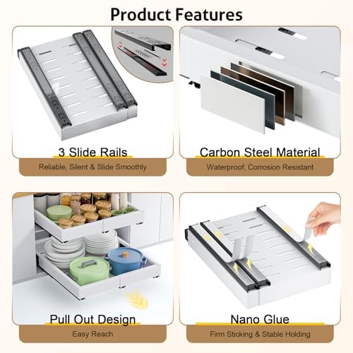 2 Pack Pull Out Cabinet Organizer, Expandable Width (11.4"-18.9") Depth (16.3"-21.7") Pull out Drawers for Cabinets with 3 Rails, No Drill Adhesive Film or Nail Slide out Drawers for Kitchen, Pantry - Image 5