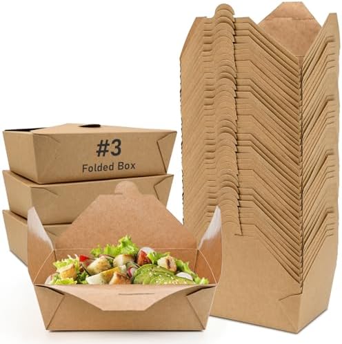 EcoDispose 70 Pack 71 oz Kraft Paper Large Takeout Food Containers | Microwaveable, Leak and Grease Resistant, Hot and Cold Use Fold to Go Boxes by EcoDispose