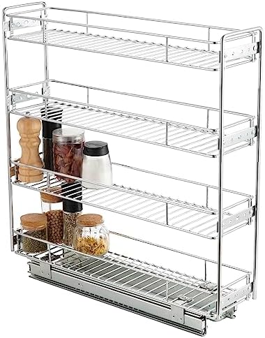 OCG 4-Tier Pull Out Kitchen Cabinet Spice Rack Holder Shelves (8" W x 21" D), Slide Out Slim Storage Wire Baskets for Storage Organization, Narrow Slide Out Storage for Narrow Space by OCG