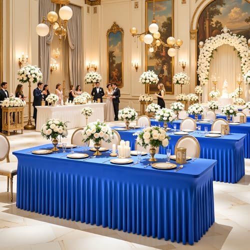 2 Pack 8ft Royal Blue Spandex Table Cloths for Rectangle Tables Wrinkle Free Rectangle Tablecloths, Stretch Fitted Table Cover with Skirt for Birthday Party Wedding Banquet Baby Shower Buffet Event - Image 3