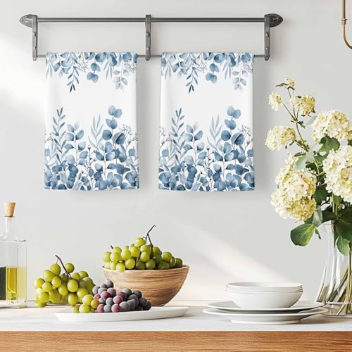 Blue Eucalyptus Kitchen Towels Set of 4, Absorbent Dish Towels for Kitchen, Botanical Summer Leaves Country Floral Microfiber Hand Towel, Quick Drying Tea Towel for Cleaning Decorative Dishcloths - Image 3