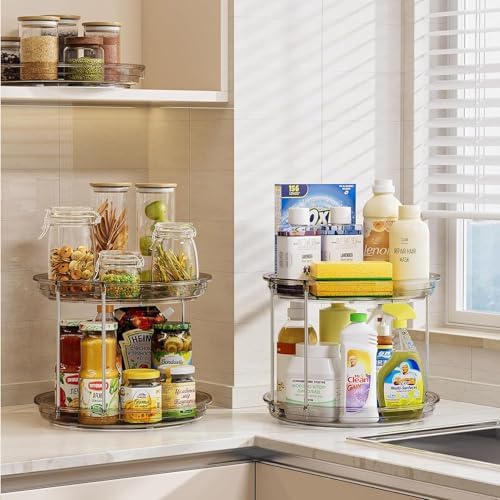 LAMU 2 Pack 2 Tier Lazy Susan Turntable Organizer 10.6'' Rotating Spice Rack Organization for Cabinet, Kitchen, Pantry, Countertop, Bathroom, Vanity, Medicine Cabinet Organizer, Grey - Image 6