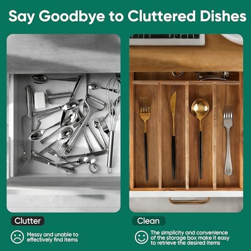 Acacia Wood Silverware Drawer Organizer, 5-Compartment Cutlery Tray - Image 6