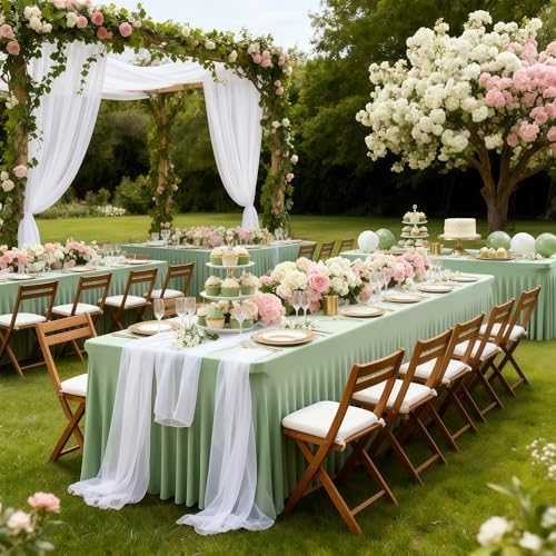 Wish Care 6 Pack Sage Green Spandex Table Clothes for 8 Foot Rectangle Tables, 8FT Wrinkle Free Fitted Tablecloths Ruffles Design Table Cloth for Party, Banquet, Wedding and Events - Image 3
