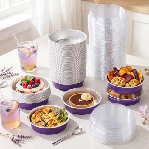 Yinder 120 Pcs 8 oz Disposable Creme Brulee Ramekins with Lids, 4 Inch Mini Pie Tins Aluminum Foil Pie Tart Cake Baking Pans Individual Round Containers Oven Safe(Purple) - Image 5