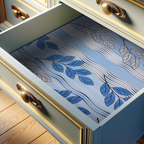 FIFTY FEET Blue Leaves Shelf Liner for Kitchen Cabinets, 18 x 96 Inch x 5 Roll Non Adhesive Non Slip Drawer Liner, Washable Cabinet Liner for Shelves & Drawers by FIFTYFEET