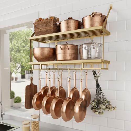 KES 30-Inch Gold Pot Rack Wall Mount, 2-Tier Hanging Pot and Pan Organizer | Organizer with 12 Sturdy Hooks, Elegant Modern Kitchen Wall Hanger Shelves, KUR215S75B-GD by KES