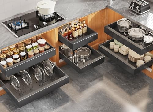 Seinloes 6Pack Expandable Pull Out Cabinet Organizer 21"Deep with Raising Pad for Framed Cabinets,Slide Out Drawers with 4pcs Divider Racks,Roll Out Shelves Adhesive,Adjustable Width 12.05"-20.4"Black by Seinloes
