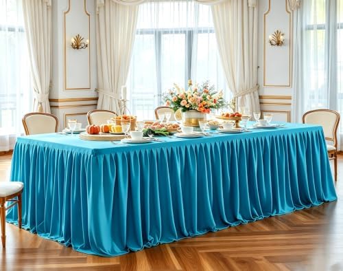 PARTISKY 6 Pack Turquoise Tablecloths for Rectangle Tables 8ft, Wrinkle Resistant Spandex Table Cover Fitted Stretch Table Cloth with Pleated Ruffle Skirts for Party Banquet Dining Birthday Wedding - Image 2