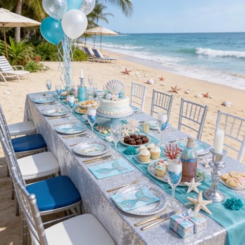 90x156 Inch Rectangle Sequin Tablecloth Glitter Silver Wedding Table Linens - Image 4
