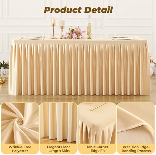 Dark Champagne Polyester Table Cloths for Rectangle 8 Foot Tables, 2 Pack Wrinkle Free Tablecloths Stretchy Banquet Ruffle Fitted Table Cover Desk Skirt for Parties Wedding Birthday Baby Shower - Image 4