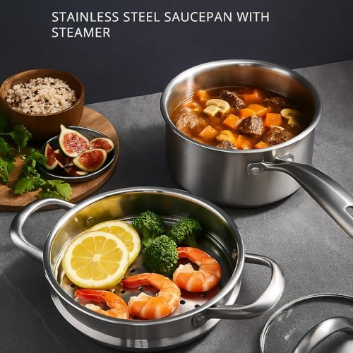 Stainless Steel Small Brushed Saucepan With Lid, Induction Cooking Sauce Pot Pans, 18/10 Tri-Ply Heavy Bottom Saucier Cookware, Dishwasher Safe & Oven Safe (1.5QT) - Image 2