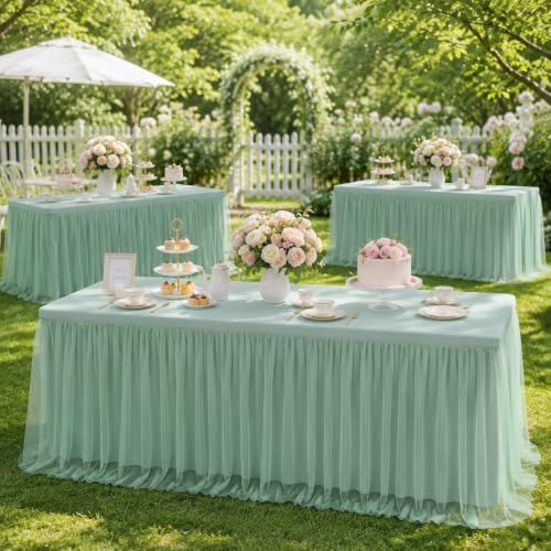 2pack Grayish Green Tulle Tablecloth for 8 Foot Rectangular Tables, 2-in-1 Elastic Stretch Spandex Cover with Tutu Ruffle Skirt, Wrinkle Free for Wedding, Birthday, Banquet, Buffet, Bridal Shower by CO-AVE