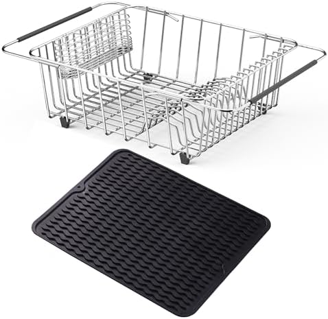 NiuYichee Stainless Steel Dish Drying Rack(15" L X 12.6" W X 4.7" H), Expandable Fruit & Vegetable Drain Rack Over Sink, Dish Drainer Rack in Sink, with Utensil Holder & Silicone Mat(16") by NiuYichee