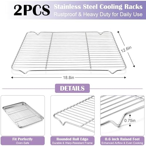 E-far Large Baking Sheet with Wire Rack (2 Pans + 2 Racks), 20 x 14 Inch Stainless Steel Cookie Pans Tray & Cooling Rack for Baking, Non Toxic & Heavy Duty & Rust Free, Oven & Dishwasher Safe - Image 3