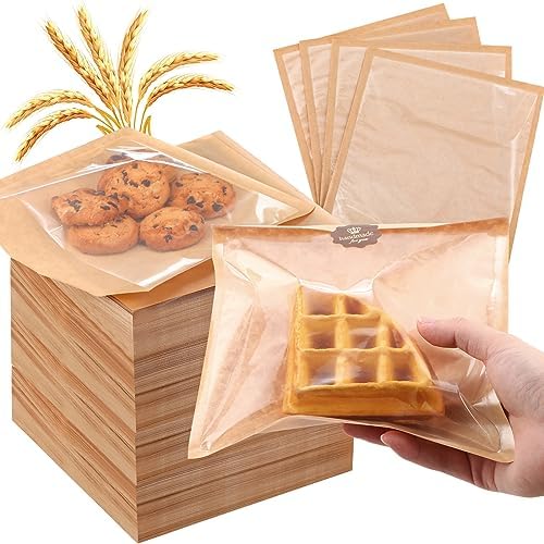 Yeaqee 600 Pcs Bakery Bags 7.1 x 7.5 Inches Heat Sealable Donut Bag with Window Paper Sandwich Bag Grease Resistant Cookie Packaging Kraft Sleeves for Pastries Snacks Egg Biscuits Treat by Yeaqee