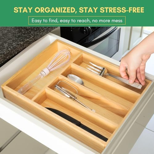Rubber Wood Silverware Organizer for Drawer - [15"L x 11"W x 2"H] Utensil Tray, 5 Compartment Flatware Holder, Multi-Purpose Kitchen Drawer Organizer for Utensils, Stationery & Hand Tools - Image 3