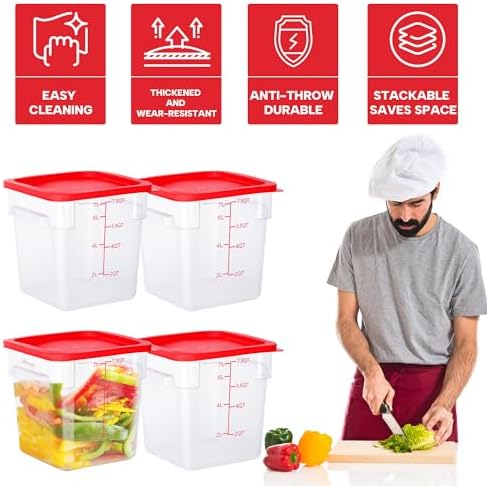 BIEAMA 4 Pack 8 Qt Square Food Storage Containers with Lids, NSF, Clear | Commercial polycarbonate containers with scale markings and handles; stackable for prep, brining, fermentation & bulk storage - Image 4