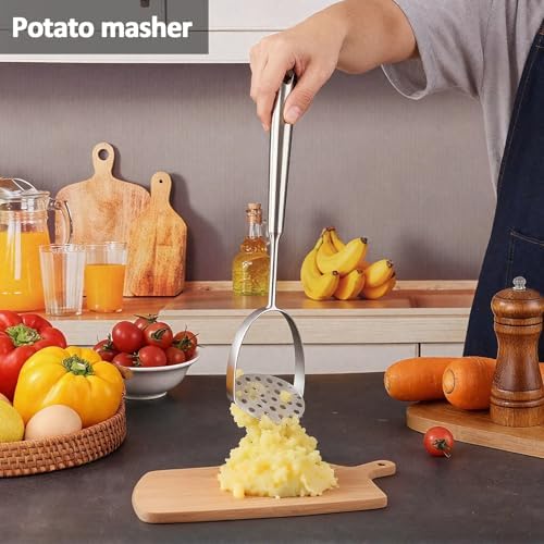 304 Stainless Steel Cooking Utensils Set with Holder, 12 PC Metal Kitchen Utensils Gadgets Sets with Potato Masher, Pasta Server, Fork, Turner, Skimmer, Spoon - Image 4