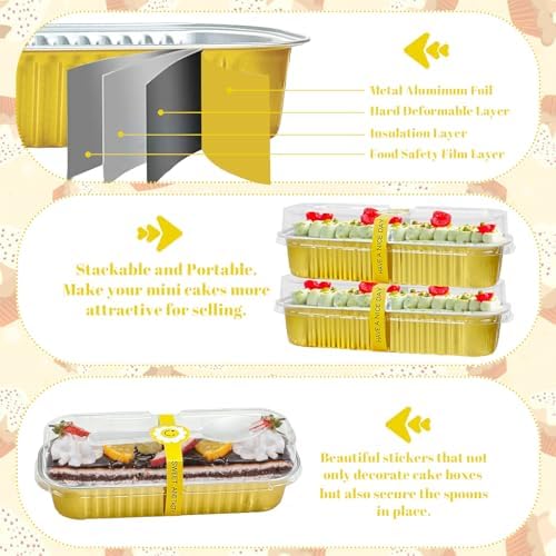 200Pack Gold Mini Cake Pans Disposable Mini Loaf Pans with Lids and Spoons and Stickers, 6.8Oz Aluminum Foil Pans Tins, Individual Dessert Cups Containers for Sales,Party,Picnics - Image 4