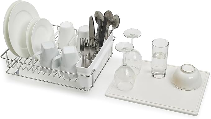SunnyPoint 304 Stainless Steel Compact Dish Drying Rack, 15.3"x11.6", Diatomaceous Earth Drainboard, Removable Utensil Caddy, Space-Saving Countertop Design (Silvery-Grey) - Image 6