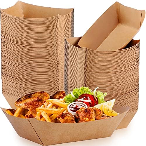 Zhehao 300 Pack Nacho Hot Dog Trays Disposable Kraft Paper Food Tray Food Serving Boat Paper Boat Brown Greaseproof for Camping Picnic Carnival Party, Holds Snack(2 lb) by Zhehao
