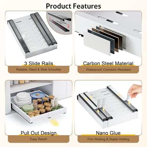 Pull Out Cabinet Organizer, Expandable Width (11.4"-18.9") Depth (16.3"-21.7") Pull out Drawers for Cabinets with 3 Rails, No Drill Adhesive Film or Nail Fixed Slide out Drawers for Kitchen, Pantry - Image 5