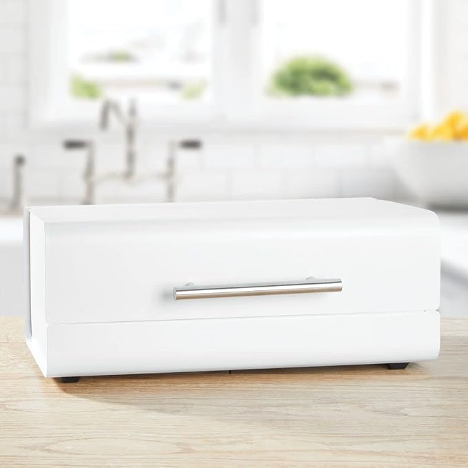 mDesign Metal Bread Box Bin with Hinged Lid - for Kitchen Countertop, Island and Pantry - Large Capacity Storage, Vintage-Inspired Design - Multi-Purpose Storage Container for Home - Matte White - Image 2