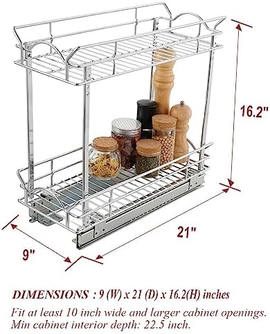 OCG Slide Out Cabinet Organizer for Narrow Cabinet (9" W X 21" D), 2 Tier Pull Out Shelves Slim Sliding Cabinet Organizer and Storage, Chrome - Image 2