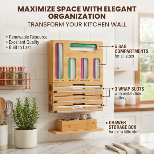 9 in 1 Storage Bag Organizer for Kitchen Drawer, Bamboo Foil and Plastic Wrap with Cutter, Ziplock Bag Organizer for Quart, Gallon, Sandwich & Snack Bags - Aluminum Foil Organizer - Image 4