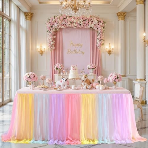 Pastel Rainbow Table Cloths for Parties Tulle Table Skirts Rectangle Tables 6ft Fitted Spandex Table Covers Stretch Elastic Banquet Wedding Baby Shower Birthday Party Table Cloths 6 Foot Rectangle - Image 2
