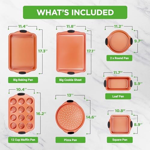 NutriChef 8-Piece Baking Pans Set - Nonstick Bakeware Set w/Silicone Handles, Includes 12 Cup Muffin, Round Cake, Pizza, Loaf & Square Pan, & Cookie Sheet - Dishwasher Safe & Easy Cleanup - Copper - Image 3