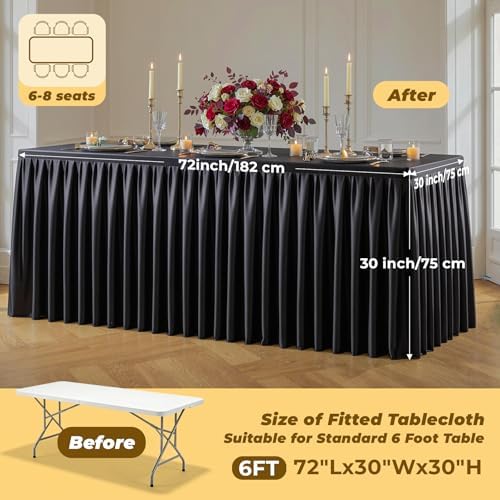 Black Polyester Table Cloths for Rectangle 6 Foot Tables, 6 Pack Wrinkle Free Tablecloths Stretchy Banquet Ruffle Fitted Table Cover Desk Skirt for Parties Wedding Birthday Baby Shower - Image 4