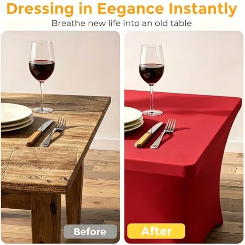 Red Spandex Tablecloth 6 Pack, 8FT Fitted Stretch Table Cloth with Reinforced Foot Pockets for 96 x 30 x 30 Inch Rectangle Tables, Washable Table Covers for Trade Shows, Weddings, Parties - Image 3