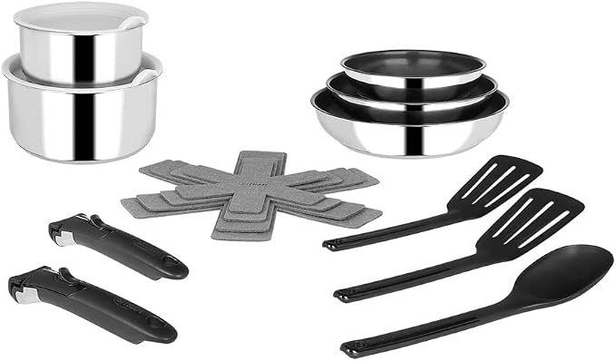 Sitram, Stainless Steel Cookware Set, 15 Pieces, 2 Saucepans, 2 Lids, 3 Felt Tips, 2 Spatulas, 1 Nylon Spoon, 2 Removable Handles, Suitable for All Heat Sources Including Induction 714690 Grey by Sitram