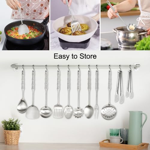 304 Stainless Steel Kitchen Utensils Set, 11PCS Metal Cooking Utensil Sets, Stainless Steel Cooking Utensils Set Include Meat Fork, Tongs, Turner, Soup Ladle, Dishwasher Safe - Image 3