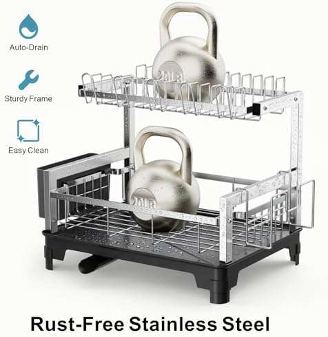 GSlife Stainless Steel Dish Drying Rack 2 Tier, Compact Dish Racks for Kitchen Counter with Cutting Board Holder, Auto-Drain Spout, Rust Proof Dish Drainer for Apartment, 21" L x 12.6" W, Silver - Image 4
