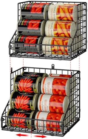 Stackable Can Organizer for Pantry with 2 Adjustable Dividers, Soda Can Organizer, Can Storage Dispenser Holds up to 28 Cans, 2 tier Metal Wire Baskets Can Holder for Kitchen Cabinet Pantry, Black by JKsmart
