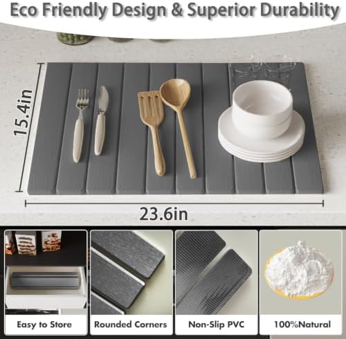 Stone dish drying mats for kitchen counter, large 23.6"L x 15.4"W foldable diatomite dish stone drying mat, quick dry extra fast absorbent roll up rack, stone dish drying mat (Gray, Large) - Image 2