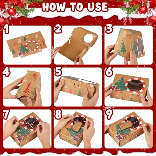 Zhanmai 64 Pcs Christmas Treat Boxes with Window Holiday Kraft Bakery Christmas Cookie Gift Boxes Xmas Pastry Food Containers with Ribbons DIY Tags for Party Favor Gift Giving(Rustic) - Image 4