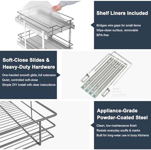 2 Tier Pull Out Cabinet Organizer - 8" W x 22" D Soft Close Slide Out Shelves with Shelf Liners - Pullout Drawers for Kitchen Cabinets, Pantry, Bathroom, Heavy Duty Steel Wire Baskets - Image 4