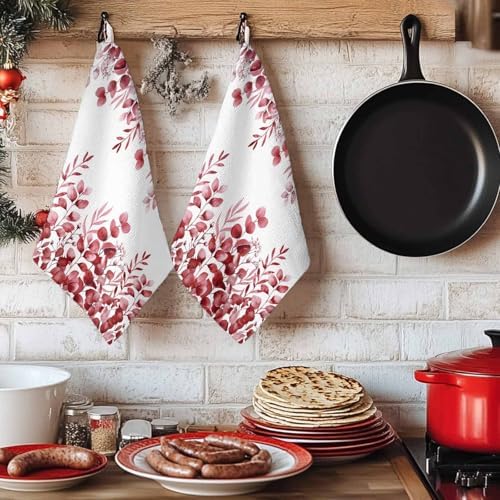 Red Eucalyptus Kitchen Towels Set of 1, Absorbent Dish Towels for Kitchen, Botanical Summer Leaves Country Floral Microfiber Hand Towel, Quick Drying Tea Towel for Cleaning Decorative Dishcloths - Image 6